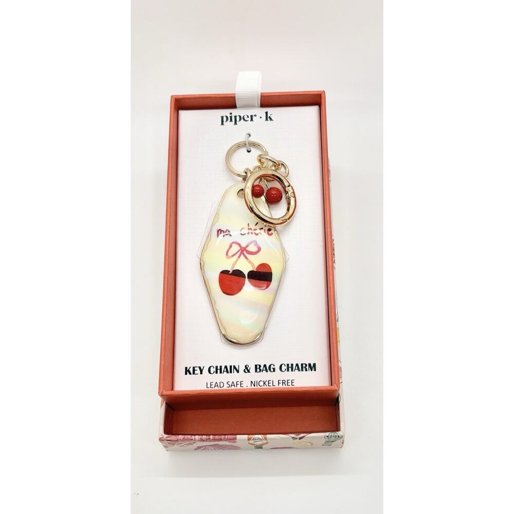 Piper K Ma Cherie Keychain Cherry Bag Charm Motel Key Shape NEW 5x1.5”